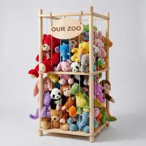 Rhyzoray 인형 수납 정리함 - 놀이방 및 침실용 두꺼운 나무 장난감 동물원 (중간 사이즈)