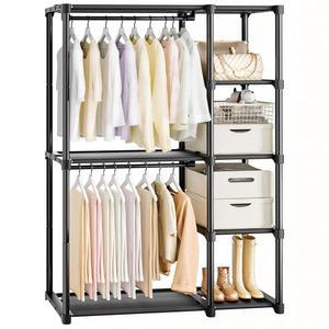 매비베그 4단 휴대용 옷장, 선반 및 걸이봉 - 침실, 옷장, 기숙사용 휴대용 옷장 - 옷, 신발, 액세서리를 위한 선반이 있는 간편한 조립 의류 선반