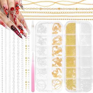 아크릴 네일 아트, 골드 주얼리 체인, 매니큐어 DIY 용품 액세서리용 작은 원형 미니 볼 보석 12개 스트립 아트 체인 및 금속 비즈(실버+골드)