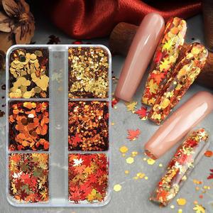 추수감사절 글리터 메이플 네일 시퀀스 가을 플레이크 디자인 매력 홀로그램 혼합 색상 3D 색종이 아트 스티커 여성용