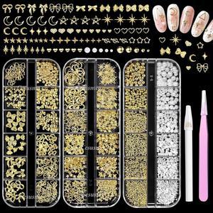 골드 네일 매력 진주, 하트 보우 아트 매력, 메탈 크로스 스타 문 스터드, 하프 라운드 플랫백 진주 디자인 DIY 공예를 위한 캐비어 구슬