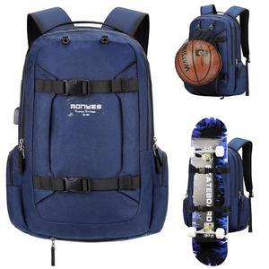 로네스 스케이트보드 백팩, 스케이트보드 백팩, USB 충전 포트가 있는 17.3인치 노트북 백팩, 스포츠 여행용 농구 롱보드 백팩 블루