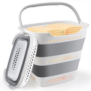 접이식 세탁 바구니 팝업 바구니와 편안한 손잡이 휴대용 플라스틱 세탁물 보관 정리함 더러운 옷을 보관할 수 있는 공간 가정용, 기숙사용 컨테이너 (회색)