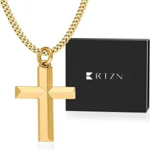 RTZN 남성용 크로스 펜던트 ？ 18K 골드/실버 스몰 목걸이 무광택 및 100 방수 실버 2mm 연석 체인 길이