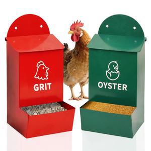 폐기물 닭 그릿 및 굴 껍질 공급기 2팩, 벽걸이 금속 가금류 공급기 또는 울타리, 뒷마당 무리를 위한 녹슬지 않는 이중 구획 닭 공급기 없음