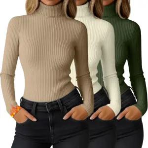 Ficerd 3팩 여성용 골지 보온 터틀넥 상의 긴 소매 스트레치 셔츠 니트 핏 경량 기본 레이어