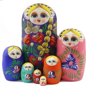 7개 세트 러시아 전통 마트료시카 인형 소녀 꽃 둥지 긴 돼지꼬리 딸기 수제 나무 생일 선물 크리스마스
