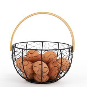 Hunstire 팜하우스 와이어 계란 바구니, 나무 손잡이, 빈티지 스타일 금속 수집 조리대 보관 용기 홀더, 주방 장식 및 과일 통용 (블랙)
