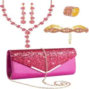 헤노이소 5개 지갑 라인스톤 주얼리 세트 프롬 클러치 목걸이 여성 신부용 귀걸이 팔찌