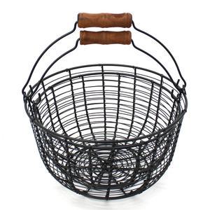 CVHOMEDECO. 금속 와이어 달걀 바구니 나무 손잡이가 달린 철사 과일 컨트리 빈티지 스타일 보관 매트 블랙, 2개 세트 (원형)