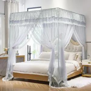 멩게지 캐노피 침대 커튼 여자 러플 프린세스 성인 침실 장식용 포근한 드레이프 네팅 모기장 (그레이 퀸)
