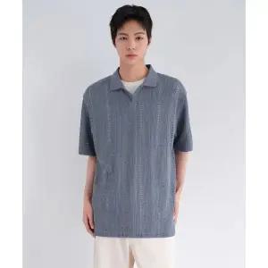 무신사스탠다드 버티컬 크로셰 슬릿 넥 폴로 셔츠 블루 그레이 1624995