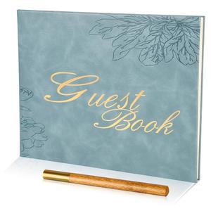 블루 가죽 웨딩 방명록, 휴가용 폴라로이드 결혼식 피로연, 장례식, 파티, 추도식, 26.9 x 20.3cm(10.3 8인치) 양각 골드 집 방문객 게스트 사인 북 펜 포함
