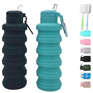 리자딘 접이식 물병 2팩 브러시 포함, BPA 자유 여행용 실리콘 카라비너 재사용 가능한 휴대용 경량 스포츠 병 (블랙+아쿠아 블루)