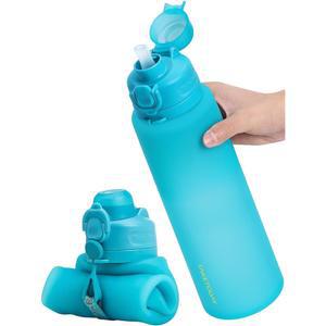 컴팩트 여행용 물병, 하이킹, 여행, 야외 활동을 위한 TSA 승인 누수 방지 실리콘 파란색
