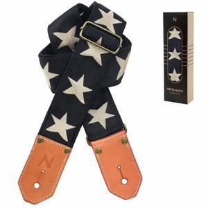 네펠리바타 쿨 우븐 기타 스트랩 - 어쿠스틱, 베이스, 일렉트릭, 사랑하는 기타리스트를 위한 최고의 선물인 두꺼운 1층 야채 무두 소가죽 가죽 끝이 있는 면 스트랩(스타)