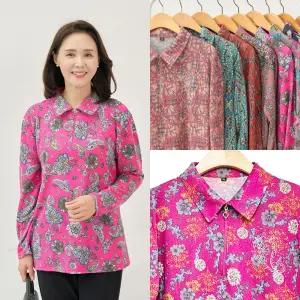 마미소 미리네 카라 티셔츠 간절기 긴팔 큐빅 플라워 꽃무늬 엄마 할머니 빅사이즈 40 60 마담 중년 여성 옷