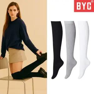 BYC 여성 양말 신축 면혼방 골지 오버 니삭스