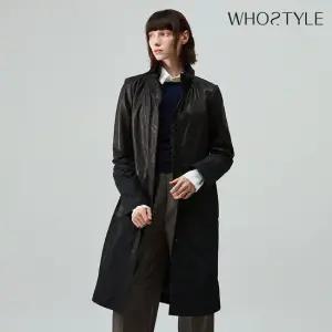 후스타일 여성 미니멈 레더 콤비 롱 자켓 블랙