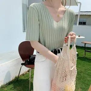 여성 DO09RS34 4컬러 여름 시원한 쿨 니트 브이넥 반팔티셔츠