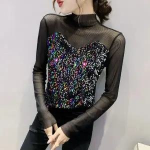 화려한 여성 댄스복 줌바 밸리 슬림 상의 라인 사교 댄스 멀티컬러 스팽글 L