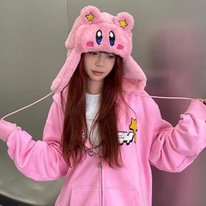 커비 겨울 따뜻한 스키 모자 애니메이션 Y2K 방한 소프트 봉제 야외 코스프레 귀여운 어린이 크리스마스 선