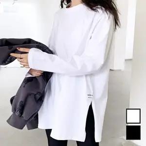 여성 옆트임 롱티 무지 흰티 긴팔 티셔츠 오버핏 (KYR-WD389B2)