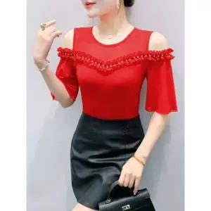 스타일핏 여성 라틴댄스복 블랙 연습복 레드 반팔 상의 라인댄스 M