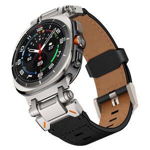 WINGLE 삼성 갤럭시 워치 울트라 밴드 47mm 2025/2024용 가죽 남성용 넓고 견고한 탑 그레인 천연 스트랩 메탈 커넥터 아머 클래식 캐주얼 비즈니스 밴드, 블랙