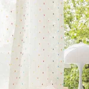 커튼 커튼방 거실용 레인보우 화이트 모조 린넨 리넨 쉬어 폼폼 자수 침실용 세미