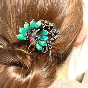 공작새 큐빅 머리비녀 전통 한복 혼주 헤어 장식 올림머리 꽂이