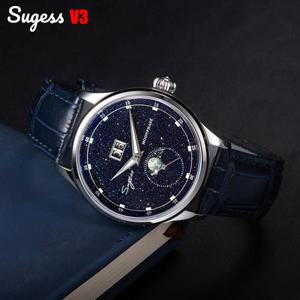 Sugess Moonphase 남성용 시계 40mm 자동 기계식 손목 시계 Seagul ST2528 무브먼트 스테인레스 스틸 블루