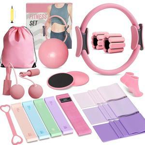 fiitdavz 홈 필라테스 키트 20 pcs, 링과 볼이 액세서리 줄넘기, 저항 장비, 레벨 9 양말 슬라이더 그립 발목 웨이트, 운동용 및 초보자 있는 밴드,