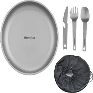 아오미운 티타늄 캠핑 접시 식기 세트 4개 나이프 포크 스푼 포함 초경량 배낭 여행 피크닉 바비큐를 위한