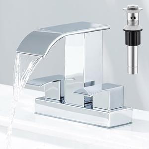 [미국배송] 크롬 욕실 싱크대 수도꼭지 2개 손잡이 팝업 배수구 - 폭포 세트 4인치 또는 3개 홀 센터셋 믹서 수도꼭지 세면대용 공급 호스 포함