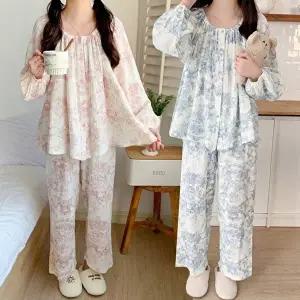 [유야]여성 부드러운 요루면 트왈 단추 긴팔잠옷 세트 SHS0111 봄 가을