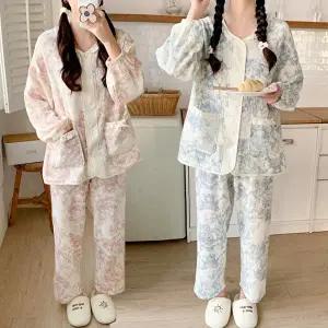 [유야]여성 부드러운 요루면 트왈 레이스 단추 긴팔잠옷 세트 SHS0113 봄 가을