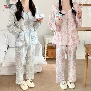 [유야]여성 부드러운 요루면 트왈 브이넥 단추 긴팔잠옷 세트 SHS0112 봄 가을