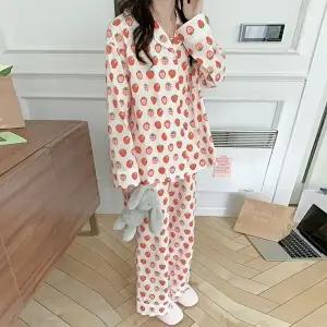 [유야]여성 귀여운 딸기 면 카라 긴팔잠옷 세트 SHS0109 봄 가을