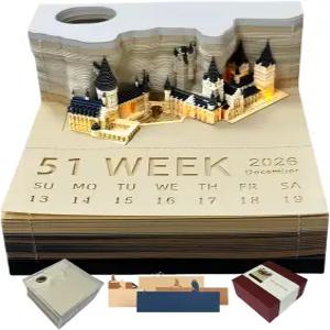 3D 캐슬 데스크 캘린더 2026 조명 및 건축 디자인이 포함된 주간 플래너 타임피스 메모 패드 DIY 노트(매직