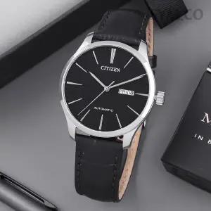 시티즌 NH8350-08E 오토매틱 클래식 로마 시크 블랙 데이데이트 남자 가죽 시계 d