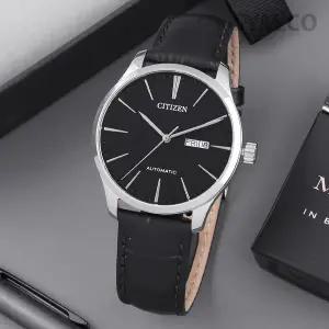[시티즌] NH8350-08E 오토매틱 클래식 로마 시크 블랙 데이데이트 남자 가죽 시계 d