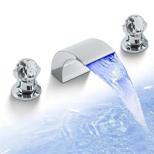 [미국배송] LED 조명이 있는 돌가바 욕실 수도꼭지 워터폴 3홀 싱크대 크리스탈 손잡이 2개가 모던한 8인치 와이드 베니티 탭 광택 크롬