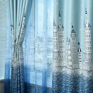 커튼 커튼방 지중해 스타일 만화풍 파란색 성 그림 남자아이 방 암막 기능 특별