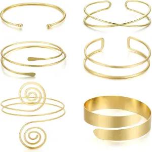 YVVVLEE 6피스 미니멀리스트 골드 암 커프 팔찌 세트 조절 가능한 코일 뱅글 어퍼 암밴드 여성용 주얼리