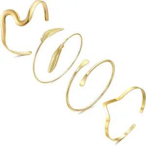 보메일 여성 미니멀리스트용 골드 암 커프 4피스 어퍼 뱅글 팔찌 조절식 보호 코일 암렛 암밴드 세트