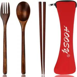 나무 숟가락과 포크 세트 숟가락 젓가락과 함께 먹을 수 있는 휴대용 식기 3개 재사용 가능한 여행용
