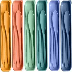 HMDZMR 여행 도구 세트 케이스 포함 캠핑 밀짚 재사용 가능한 나이프 포크 및 도시락용 숟가락 (6팩)