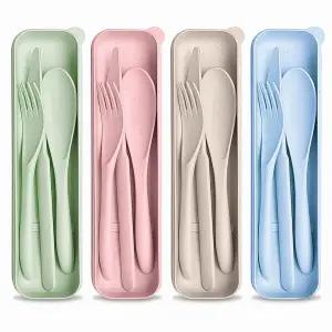 밀짚 여행용 실버웨어 케이스 포함 4세트 - 재사용 가능한 식기 세트 포크 및 스푼 도시락 액세서리