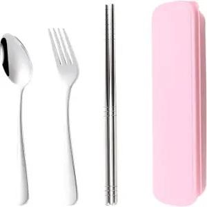 우여 스테인리스 식기 세트 스푼 포크 젓가락 금속 여행용 실버웨어 도시락 캠핑용 재사용 가능한 휴대용